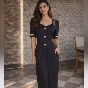 Vintage Black Midi Dress Gold Button Embroidered Trim Ann Tobias Size 8 USA